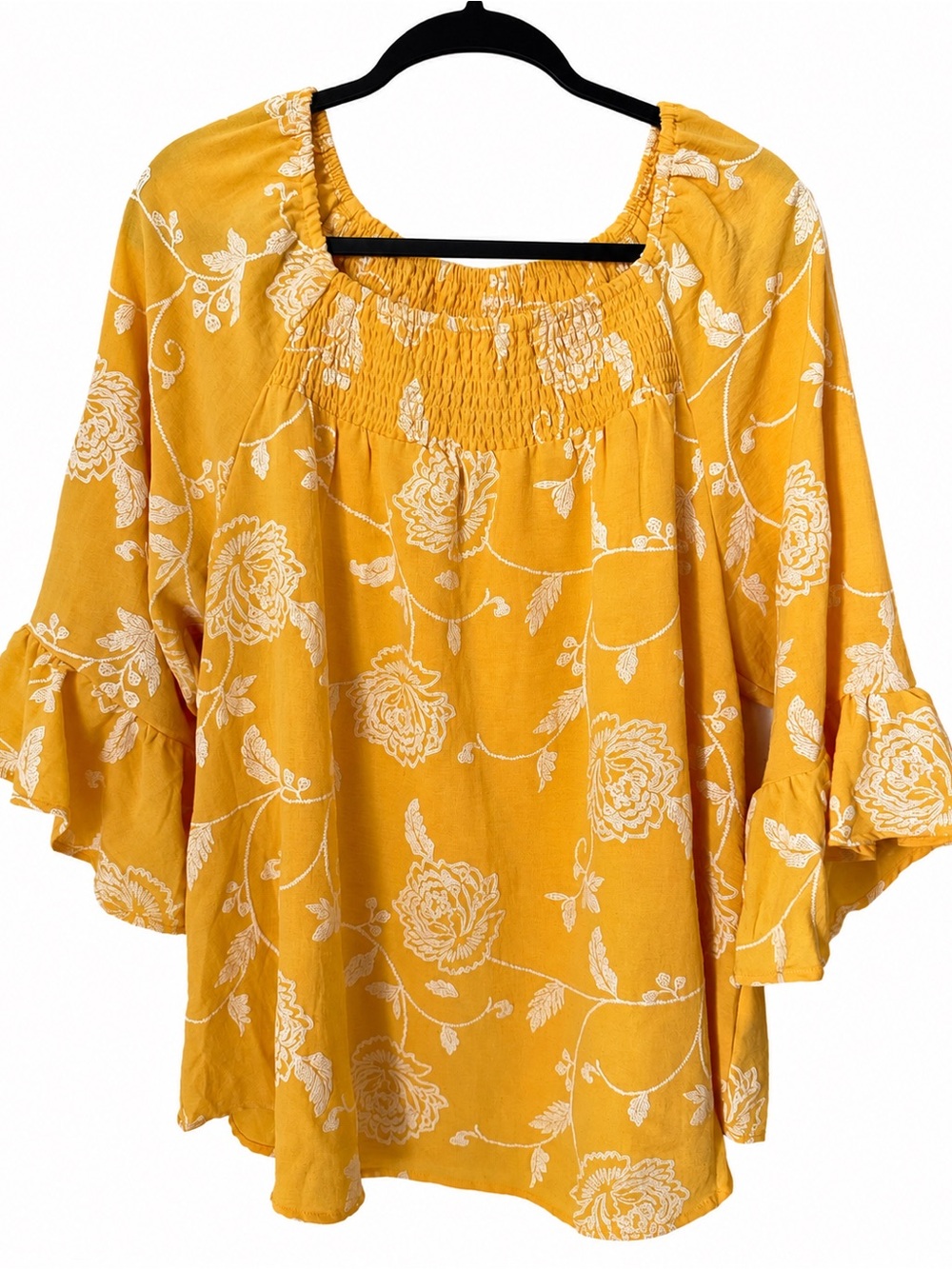 Cocomo Woman Yellow Floral Bell Sleeve Peasant Blouse Plus Size 1X